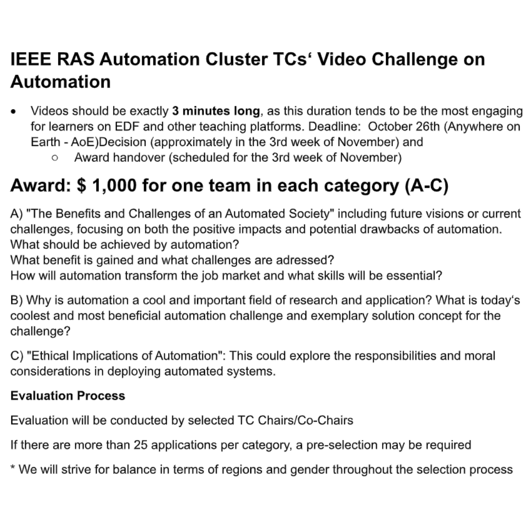 The #ieeeras Automation Cluster is hosting a Video Challenge on #automation! Three prizes of $1000 will be awarded. Submission deadline is October 26. Check out the post for details!