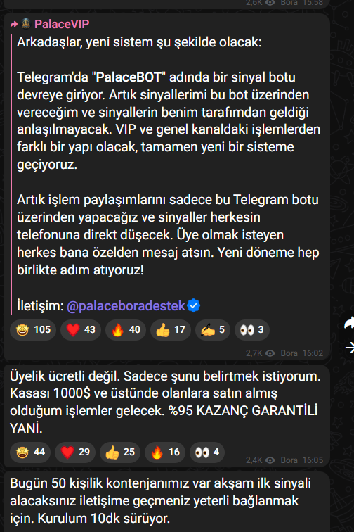 Gün geçmesin ki yeni dolandırıcılar türemesin. 
PALACE VIP miş  , yok palaca kriptoymuş. Bu beyinsizler daha önünü göremiyor telegram da takipçilerine long -short  işlem veriyor.  İnanmayın güvenmeyin böyle dolandırıcı aptallara.
