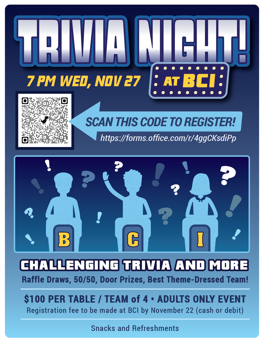 BCI Mustangs (@bcivs) on Twitter photo BCI is hosting the 3rd annual Trivia Night on Wed. Nov. 27 at 7 pm. Register a team of 4 players and test your trivia knowledge. Use the link in the flyer and come on out for a night of fun, prizes, and lots of trivia! <a href="/GEDSB/">Grand Erie District School Board</a> <a href="/TheExpositor/">Brantford Expositor</a> BCI is hosting the 3rd annual Trivia Night on Wed. Nov. 27 at 7 pm. Register a team of 4 players and test your trivia knowledge. Use the link in the flyer and come on out for a night of fun, prizes, and lots of trivia! <a href="/GEDSB/">Grand Erie District School Board</a> <a href="/TheExpositor/">Brantford Expositor</a>