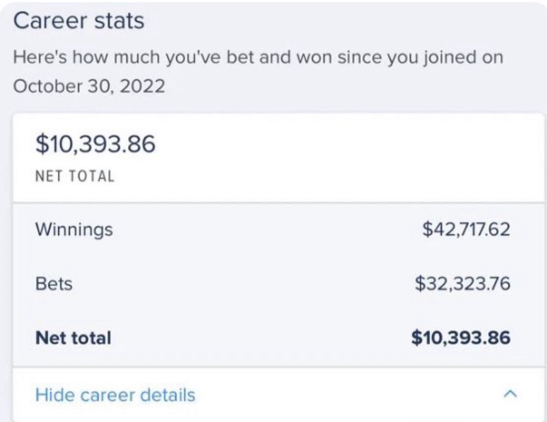 How my sports betting has gone since I start following Jimmy’s Sport Picks…

💰 $10,000 in pure profit. Amazing!

He posts all his picks for free daily, dude is a literal cheat code. Stop missing out.