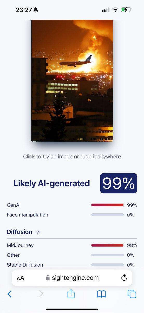 dalalmawad's tweet image. There is a photo being widely circulated on social media of a plane amid an airstrike in the vicinity of the Beirut Airport- while the airstrikes are very real ( there were 2 of them next to the airport)- the photo is AI generated and so is neither real nor taken by a real…