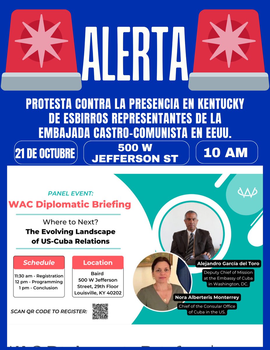 TheCubanShow502's tweet photo. 🚨ALERTA🚨
Lunes 21 de Octubre, 10AM, protesta contra la presencia en Kentucky de los esbirros de la dictadura @AlberterisNora y @AlejandroIGT
#AbajoLaDictaduraCastroComunista
#Abajoelpcc https://t.co/fhl3Pkm4W6