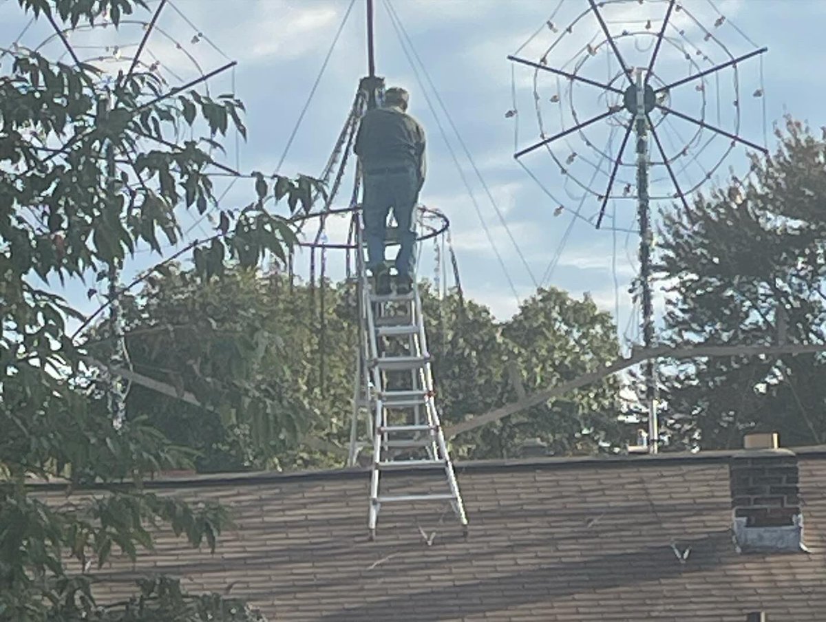 I got a lot accomplished today. All of the rooftop structures are up and secured and awaiting wiring. A big thank you to my grandson Tyler for providing the muscle to get that big snowflake up on the garage roof.