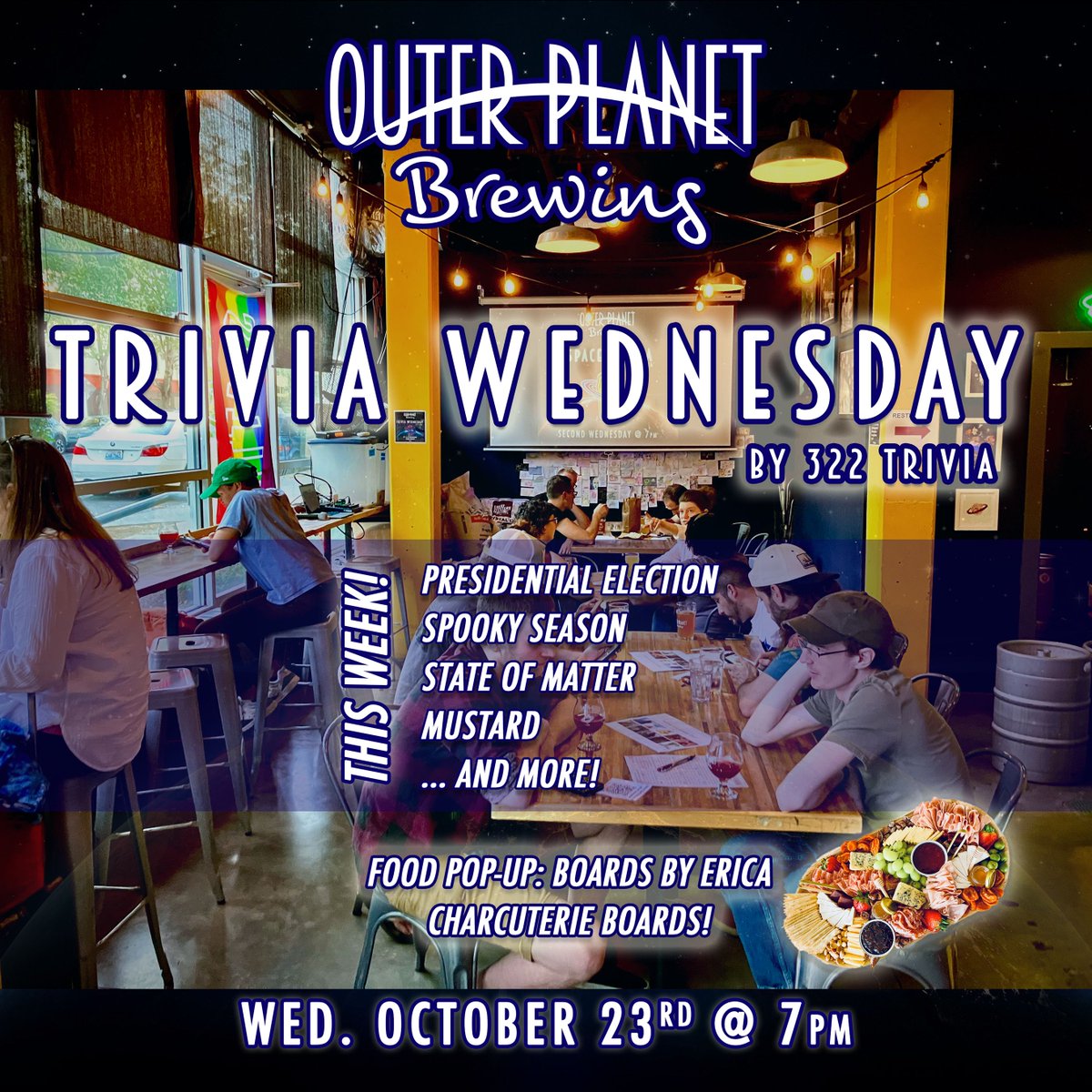 This Wednesday! Our last trivia before Halloween and even scarier, the Presidential Election 🗳🇺🇸  Join us at 7pm with your team, free to play, prizes for 1st, 2nd and last place, and delicious charcuterie and veggie boards by @boardsbyerica available all night 🧀🍺