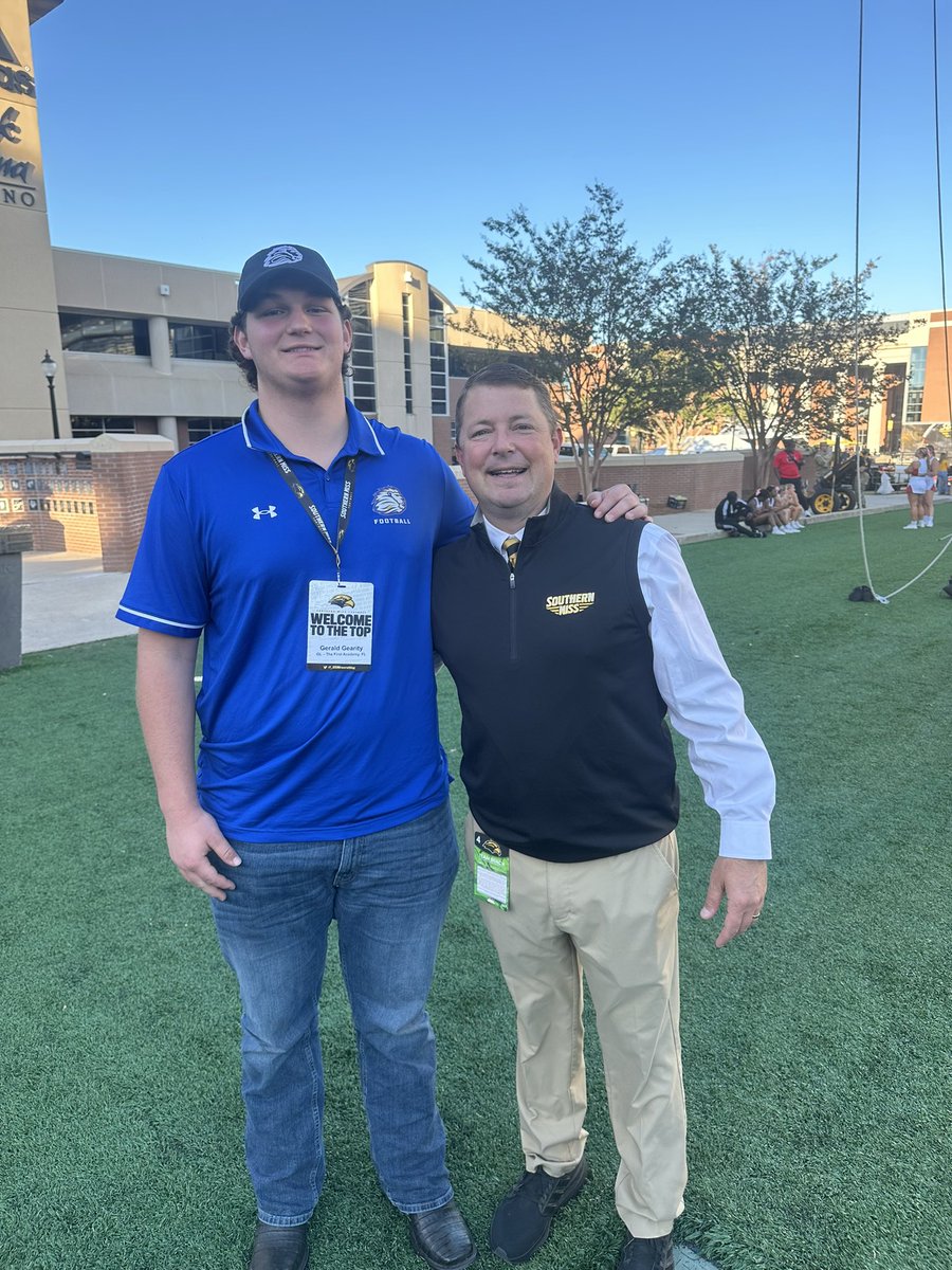 Had a great time <a href="/SouthernMissFB/">Southern Miss Football</a> game this weekend thank you for the hospitality.
<a href="/Coach_Hall7/">Will Hall</a> <a href="/CoachSamGregg/">Sam Gregg</a> <a href="/Silverback_LA/">Coach L.A.</a> <a href="/coachstringer/">Reed Stringer</a> <a href="/chadmavety55/">Coach Chad Mavety</a> <a href="/trenchmenAC/">Aaron Tank Jones</a> <a href="/JeffConawayTFA/">Jeff Conaway</a> @_USMrecruiting <a href="/Royals__FB/">The First Academy Football</a> <a href="/CoachBroomfield/">Corey Broomfield</a> <a href="/coach_thomas70/">Ben Thomas</a>