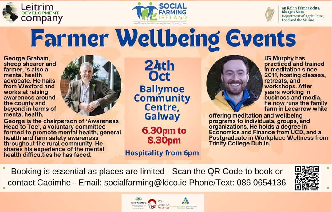 Farmer Wellbeing Event this Thursday Ballymoe Community Centre Galway
Featuring speakers George Graham and JG Murphy its sure to be an evening of connection, support, and valuable takeaways!🙌!🙌 
book forms.office.com/e/t1VuCdJyi4
#Galway #ConnectingPeople #NewOpportunities