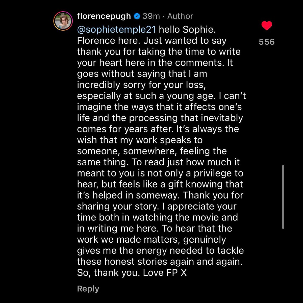 bestofpugh's tweet image. Florence Pugh’s reply to a fan who lost her mom to cancer. ♥️
