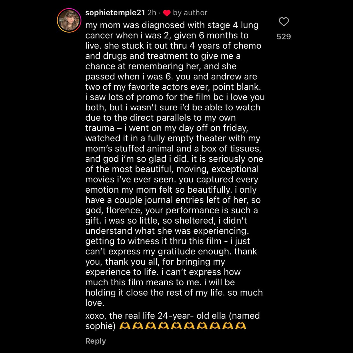 bestofpugh's tweet image. Florence Pugh’s reply to a fan who lost her mom to cancer. ♥️