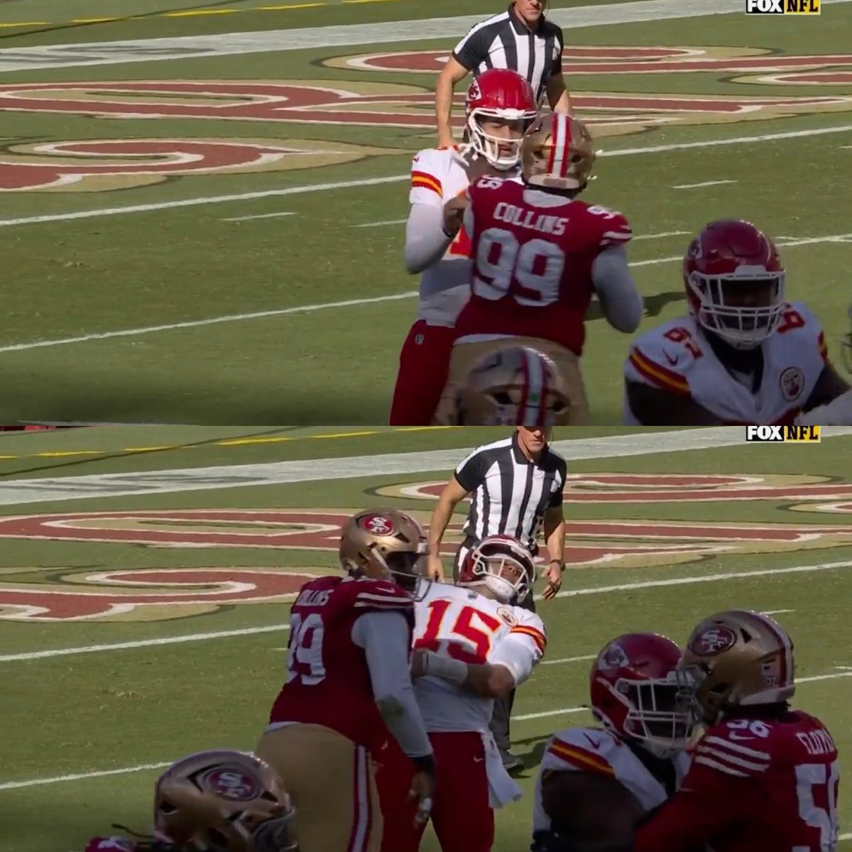 Wild missed call on a throat punch on Mahomes…