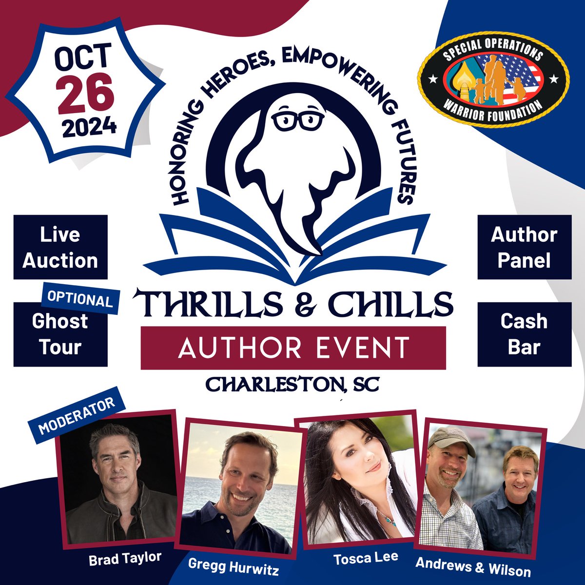 Hey Everyone,

Our fundraiser for <a href="/SOFWarriorFnd/">Special Operations Warrior Foundation</a>, Thrills &amp; Chills, is next Saturday, October 26th. Five New York Times bestselling authors, apps, drinks and raising money for a great cause. It’s a win-win!

Don’t forget to buy your tickets.

charleston.boldtypetickets.com/events/1557952…