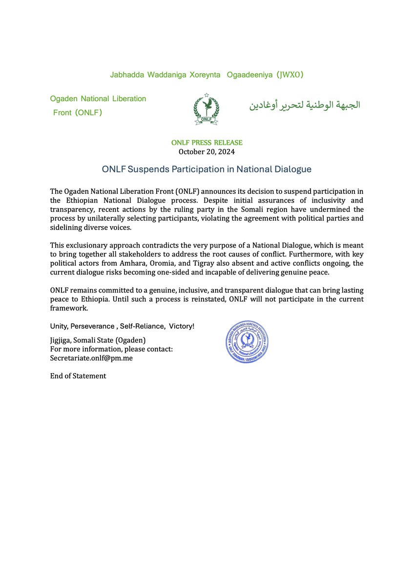 ONLFofficial's tweet photo. Ogaden National Liberation Front (#ONLF ) suspends its participation in #Ethiopia's National Dialogue process, effective October 20, 2024, due to lack of inclusivity and transparency. Full Press Release attached.** #Ethiopia #NationalDialogue #PeaceProcess https://t.co/zLHlvPmCQg