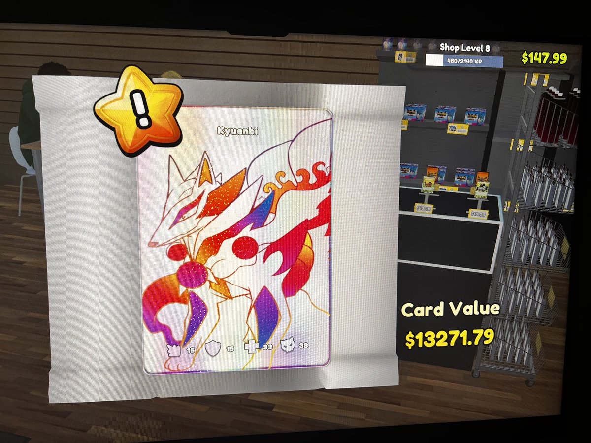 SpookieDooks_'s tweet photo. @CaseOh__  please don’t ban me but I was so excited to show you the card I just pulled in TCG Card Shop Simulator :) peep my shop being only lvl. 8 https://t.co/u7v3xXMizJ