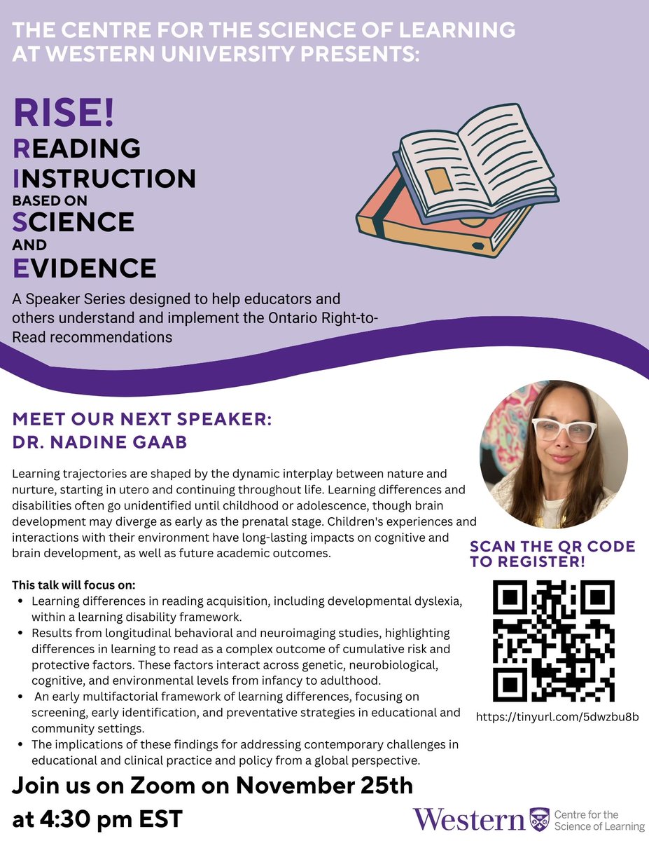 Centre for the Science of Learning (@scilearnuwo) on Twitter photo We are honoured to host Dr. Nadine Gaab from <a href="/hgse/">Harvard Graduate School of Education (HGSE)</a> for our next RISE Series. Join us online on November 25th, 2024 at 4:30 PM to learn more! Register using the QR code below. We are honoured to host Dr. Nadine Gaab from <a href="/hgse/">Harvard Graduate School of Education (HGSE)</a> for our next RISE Series. Join us online on November 25th, 2024 at 4:30 PM to learn more! Register using the QR code below.