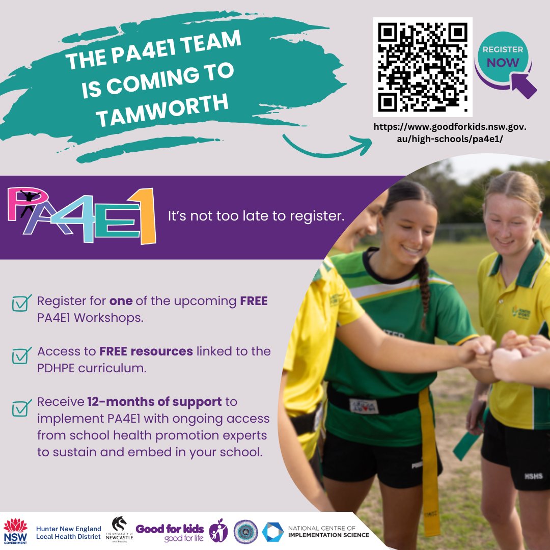 Tamworth we are super excited about our upcoming workshop on Wednesday the 23rd of October. 
High school PDHPE teachers, it’s not too late to be involved in our Physical Activity for Everyone (PA4E1) program! ⚽️🏀🏏
Find out more and register here: goodforkids.nsw.gov.au/high-schools/p…