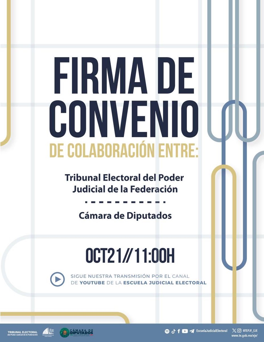 TEPJF_EJE's tweet photo. 📅 Este 21 de octubre a las 11:00 h, se celebrará la firma de un convenio histórico entre el @TEPJF_informa y la Cámara de @Mx_Diputados. Este acuerdo fortalece la capacitación electoral y fomenta la colaboración interinstitucional.

▶️Transmisión YouTube https://t.co/mMacQR4A9y https://t.co/Z2quDy1IwN