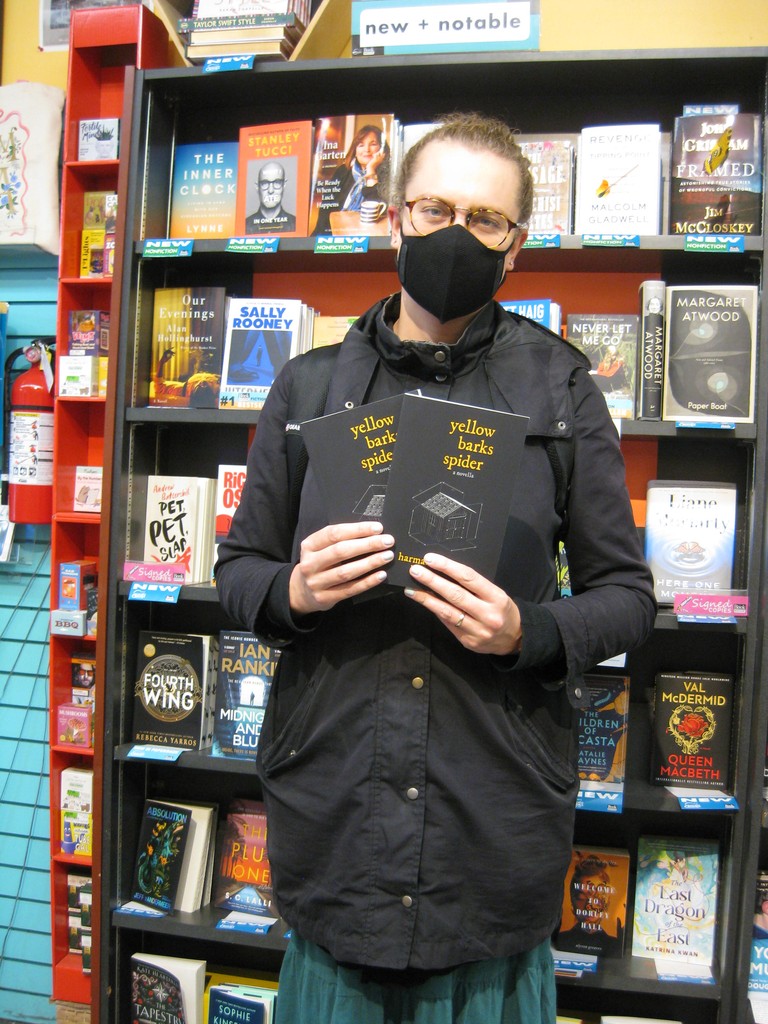 We just had local author Harman Burns stop by Broadway! She was delighted to see we'd gotten her new novella YELLOW BARKS SPIDER just a teensy bit early and was kind enough to sign our copies for us. Thanks for the visit and signing, Harman, and congrats on the book release!