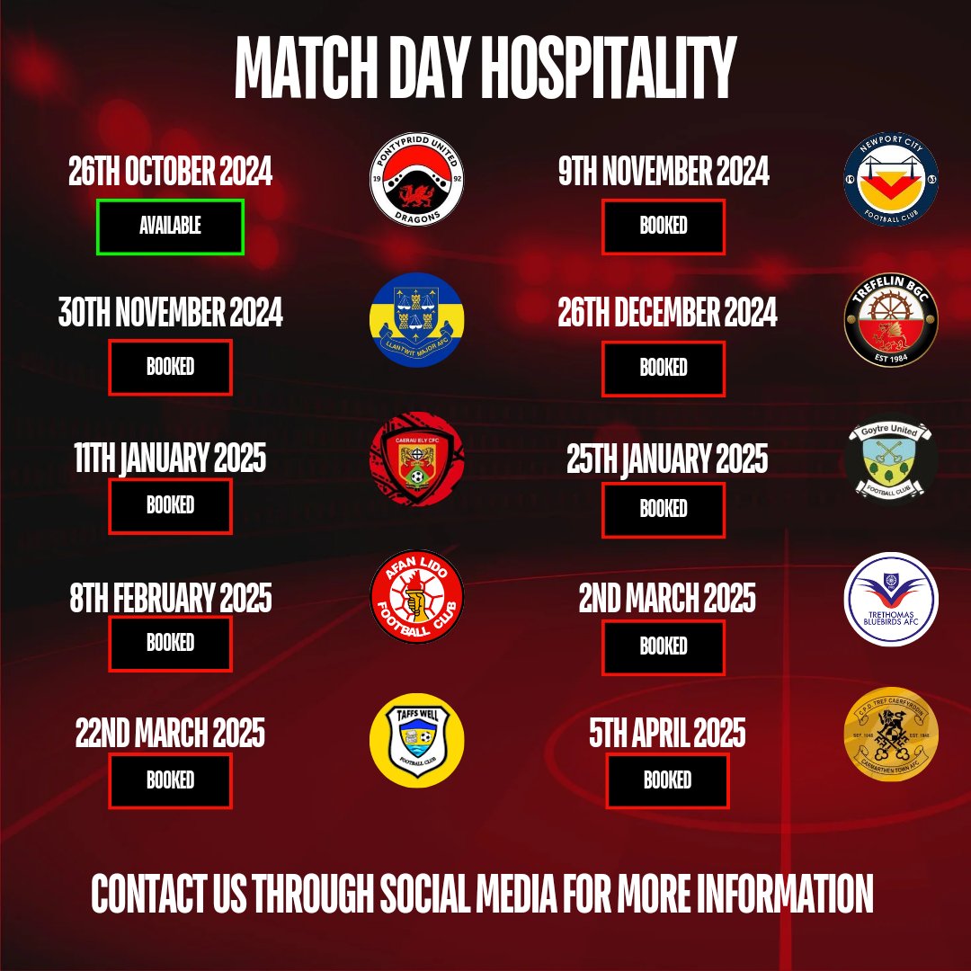 Baglan Dragons (@baglandragons) on Twitter photo Our match day hospitality package has proven to be very popular again this season and our fixture against <a href="/PontyUnitedM/">Pontypridd United Men</a> on Saturday is the only remaining available date for the rest of the season.
Get in touch with us through social media if you're interested in booking π² Our match day hospitality package has proven to be very popular again this season and our fixture against <a href="/PontyUnitedM/">Pontypridd United Men</a> on Saturday is the only remaining available date for the rest of the season.
Get in touch with us through social media if you're interested in booking π²