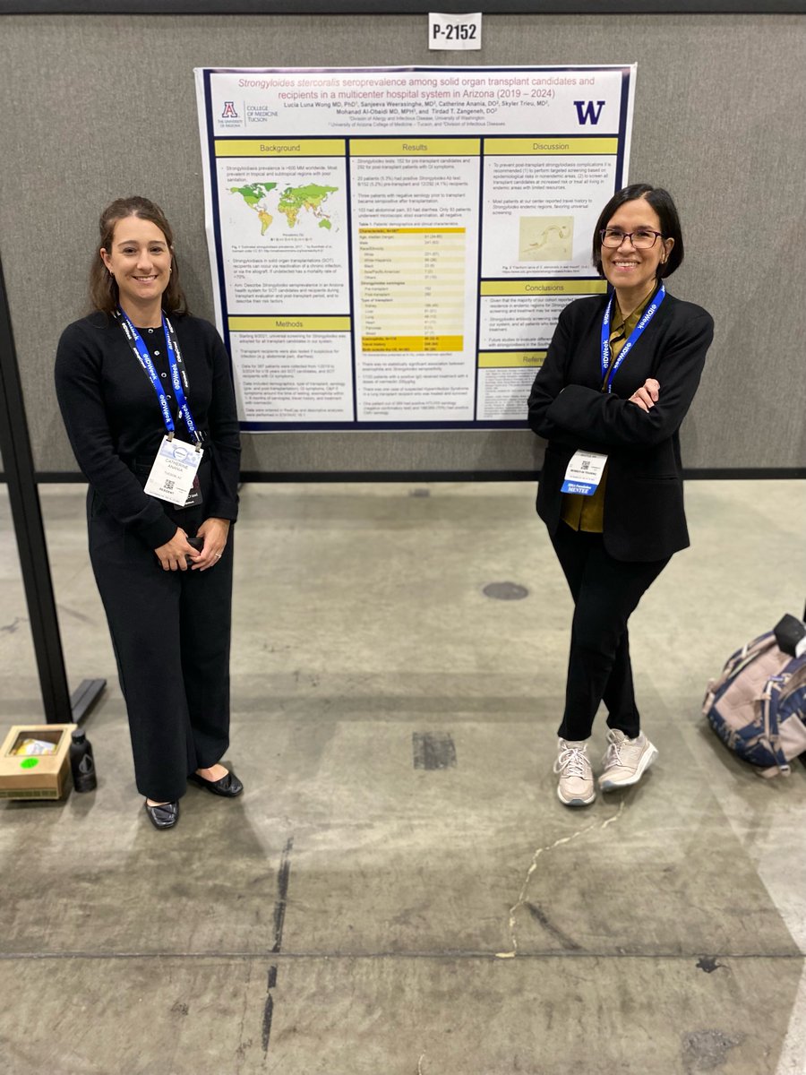 University of Arizona- Infectious Disease Division (@uazdivid) on Twitter photo It's great to see Dr. Lucia Luna Wong (prior UA IM resident and now ID fellow at UW) & Dr. Catherine Anania (3rd year UA IM resident) present their work on #Strongyloides seroprevalence in SOT candidates at #IDWeek2024
<a href="/IDWeekmtg/">IDWeek</a> <a href="/UAZMedTucson/">UA College of Medicine – Tucson</a> <a href="/UAZMedicineEdu/">UA IM Education</a> @UWIDFellowship It's great to see Dr. Lucia Luna Wong (prior UA IM resident and now ID fellow at UW) & Dr. Catherine Anania (3rd year UA IM resident) present their work on #Strongyloides seroprevalence in SOT candidates at #IDWeek2024
<a href="/IDWeekmtg/">IDWeek</a> <a href="/UAZMedTucson/">UA College of Medicine – Tucson</a> <a href="/UAZMedicineEdu/">UA IM Education</a> @UWIDFellowship