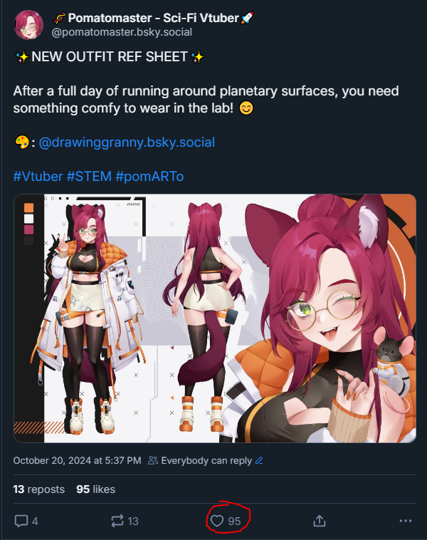 Posted my ref sheet to both platforms and these are the results after 1 hour

I have 13k followers on Twitter vs 1.7k on🦋btw 💀

Legit its so disheartening to know that for all the work i've put into this platform, the engagement is way lower than one I started using 3 days ago