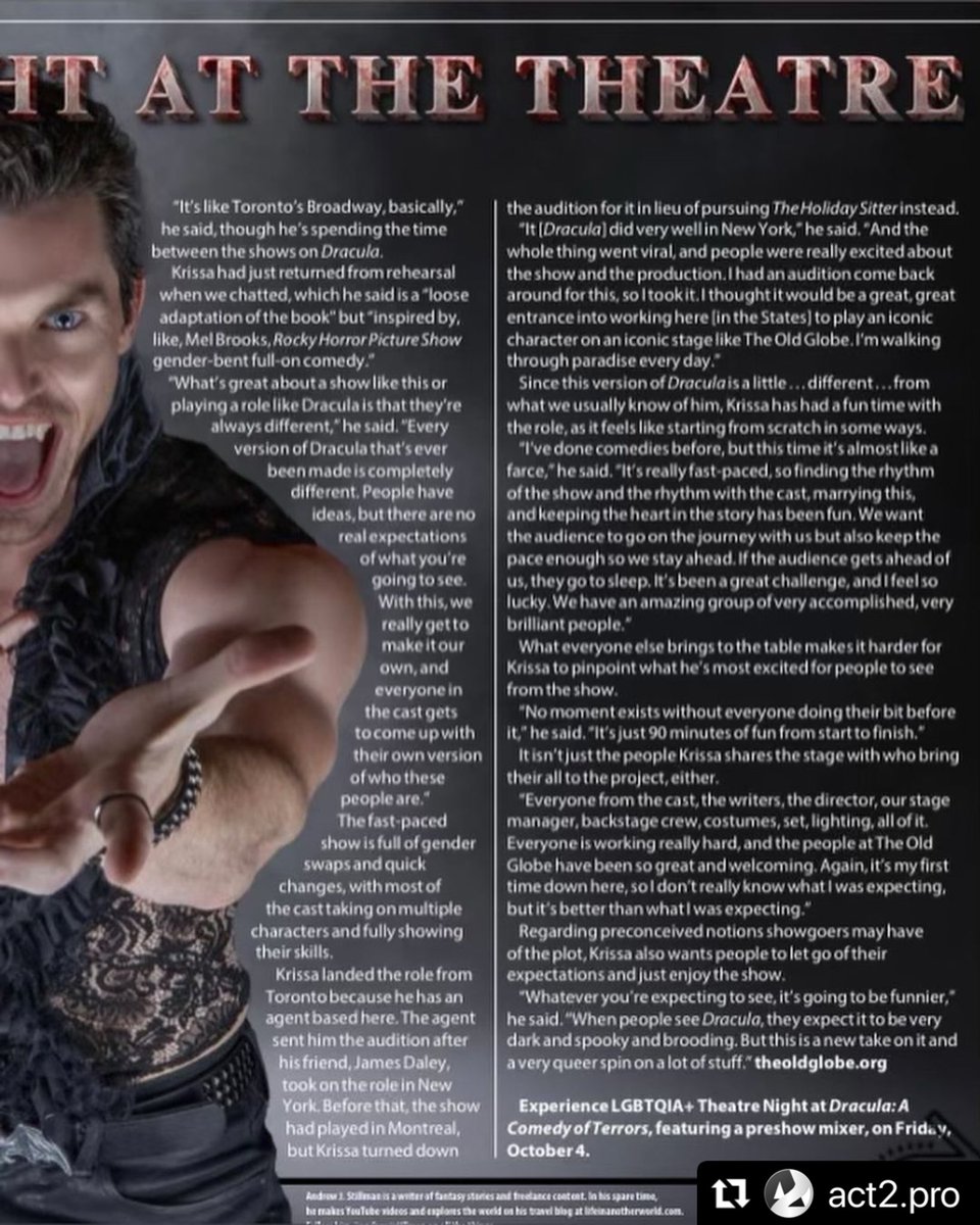 ACT2Pro (@act2pro) on Twitter photo On stage now at <a href="/TheOldGlobe/">The Old Globe</a> in San Diego #draculaacomedyofterrors starring #georgekrissa as #dracula. Also check out <a href="/RageMonthly/">The Rage Monthly</a> with an article all about the show!
#ACT2Pro #tv #film #theatre #actors #actingstudio #actingclasses #oncameraactingclasses #actingcoach #director On stage now at <a href="/TheOldGlobe/">The Old Globe</a> in San Diego #draculaacomedyofterrors starring #georgekrissa as #dracula. Also check out <a href="/RageMonthly/">The Rage Monthly</a> with an article all about the show!
#ACT2Pro #tv #film #theatre #actors #actingstudio #actingclasses #oncameraactingclasses #actingcoach #director
