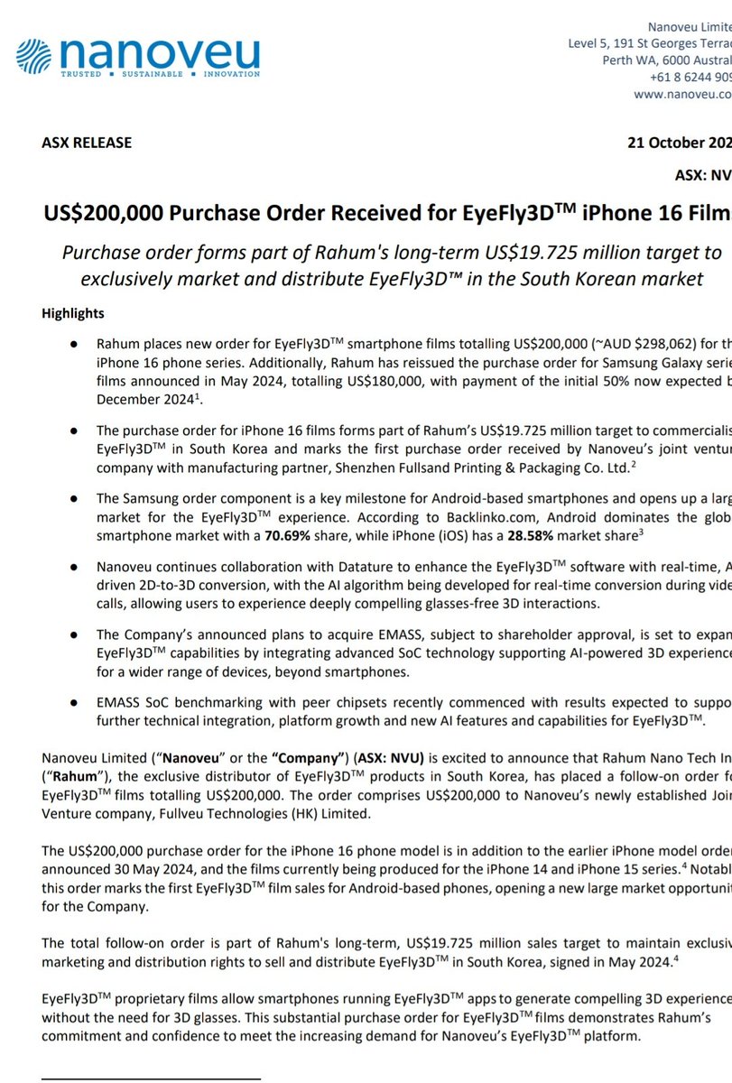 RawMinerals's tweet photo. 🚨 Just In: UltraLowMc #SemiConductor #EyeFly3D Nanoveu $NVU #NVU announces 📱 📱
AUD $300k #Iphone16 #3D sales order, which is part of the the existing 🇰🇷 South Korean contract, where Nanoveu is earmarked to generate circa USD $19.5m in next 2 years.
DYOR
@Apple @Samsung https://t.co/vKnlbs8ove