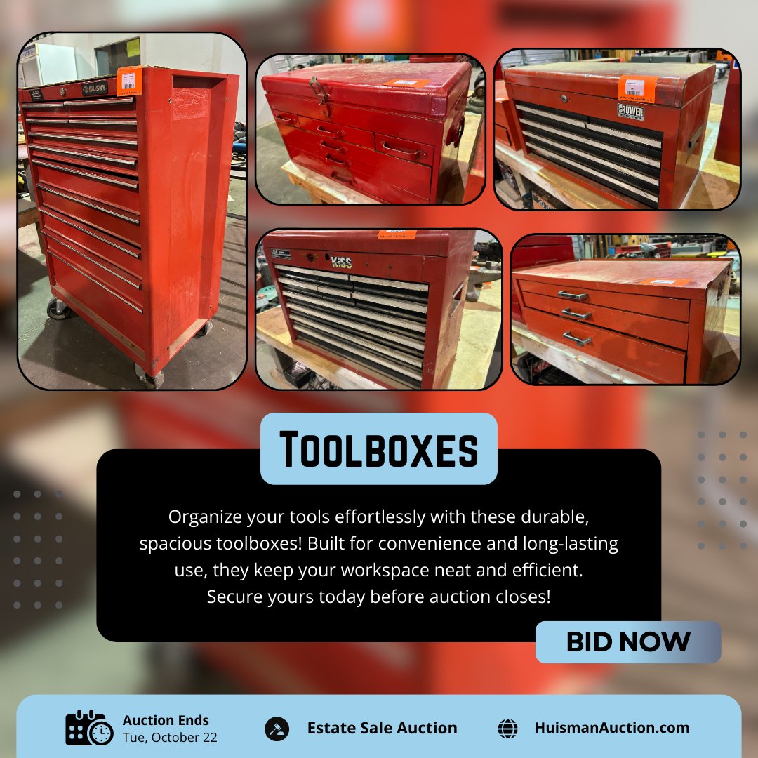 huismanauction's tweet image. 🎉 Our Estate Sale Auction features some incredible ToolBoxes that will make any workspace more efficient and organized! 🛠️ These toolboxes are your perfect companion. 🔧 

👉Visit  HuismanAuction.com to start bidding. 🎉

🌟 #EstateSale #Auction #ToolboxEssentials