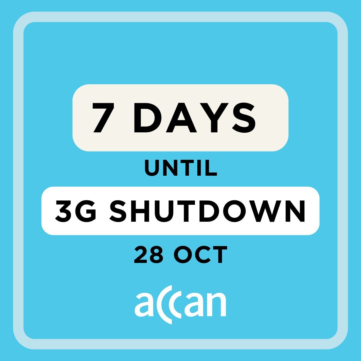 ⚠️ 7 Days left until the 3G shutdown! Do you know if you will be disconnected? Check your mobile device now at 3gclosure.com.au

The shutdown can also impact personal medical alarms, smartwatches, security systems and more 3G-reliant Internet of Things (IoT) devices. Check