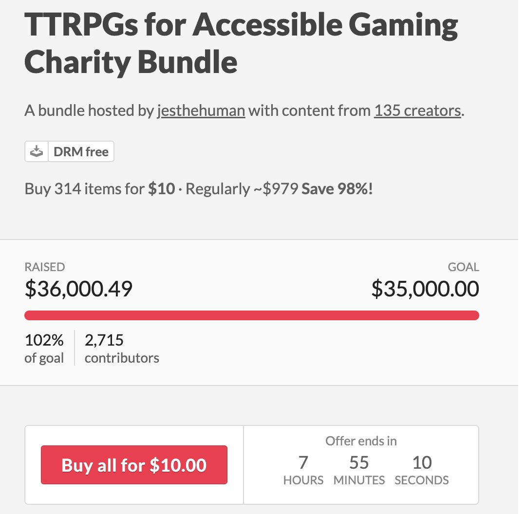 DOTSrpg's tweet photo. There are less than EIGHT HOURS left on the @itchio Charity Bundle hosted by @jesthehuman to fund our #BrailleDice production with @dieharddice, &amp; we've crossed $36,000!

Don't miss over 300 incredible titles for just $10 to help us bring #AccessibilityInTabletop to more people🥰 https://t.co/qKwYhYPXNk
