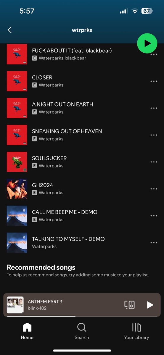 _AlexNathaniel's tweet photo. @waterparks my parx playlist and the only other one i listen to full of everything ID KILL FOR A FOLLOW 😭 https://t.co/q1J6dHqPvy