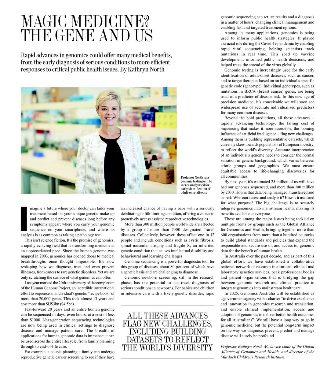 Murdoch Children's Research Institute (MCRI) (@mcri_for_kids) on Twitter photo "The breadth of applications for human genomic #data is immense." MCRI Director Prof Kathryn North AC has explained the incredible progress and the future of #genomic medicine in The <a href="/australian/">The Australian</a>'s The List – Top 100 Innovators 2024 magazine. | <a href="/AusGenomics/">Australian Genomics</a> <a href="/MelbGenomics/">Melbourne Genomics Health Alliance</a>
More 👇 "The breadth of applications for human genomic #data is immense." MCRI Director Prof Kathryn North AC has explained the incredible progress and the future of #genomic medicine in The <a href="/australian/">The Australian</a>'s The List – Top 100 Innovators 2024 magazine. | <a href="/AusGenomics/">Australian Genomics</a> <a href="/MelbGenomics/">Melbourne Genomics Health Alliance</a>
More 👇