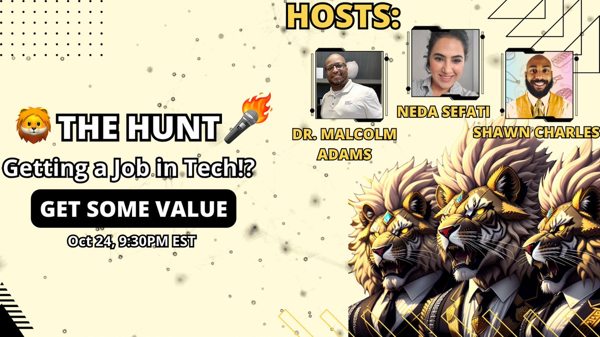Neda Sefati (@neda_sefati) on Twitter photo 🦁THE HUNT🎤📷Getting a Job in Tech 📷
<a href="/ShawnBasquiat/">Shawn Charles🎤🔥</a> and I (<a href="/neda_sefati/">Neda Sefati 🪶</a>) will be hosting
<a href="/TheHuntSpaces/">The Hunt🎤🔥</a> on X with our special guest @drmalcolmadams from Avid Solutions Intl.
x.com/i/spaces/1lDxL…
Thursday, October 24th
6:30 pm PST / 9:30 pm EST
Friday, October 25th
2:30 🦁THE HUNT🎤📷Getting a Job in Tech 📷
<a href="/ShawnBasquiat/">Shawn Charles🎤🔥</a> and I (<a href="/neda_sefati/">Neda Sefati 🪶</a>) will be hosting
<a href="/TheHuntSpaces/">The Hunt🎤🔥</a> on X with our special guest @drmalcolmadams from Avid Solutions Intl.
x.com/i/spaces/1lDxL…
Thursday, October 24th
6:30 pm PST / 9:30 pm EST
Friday, October 25th
2:30