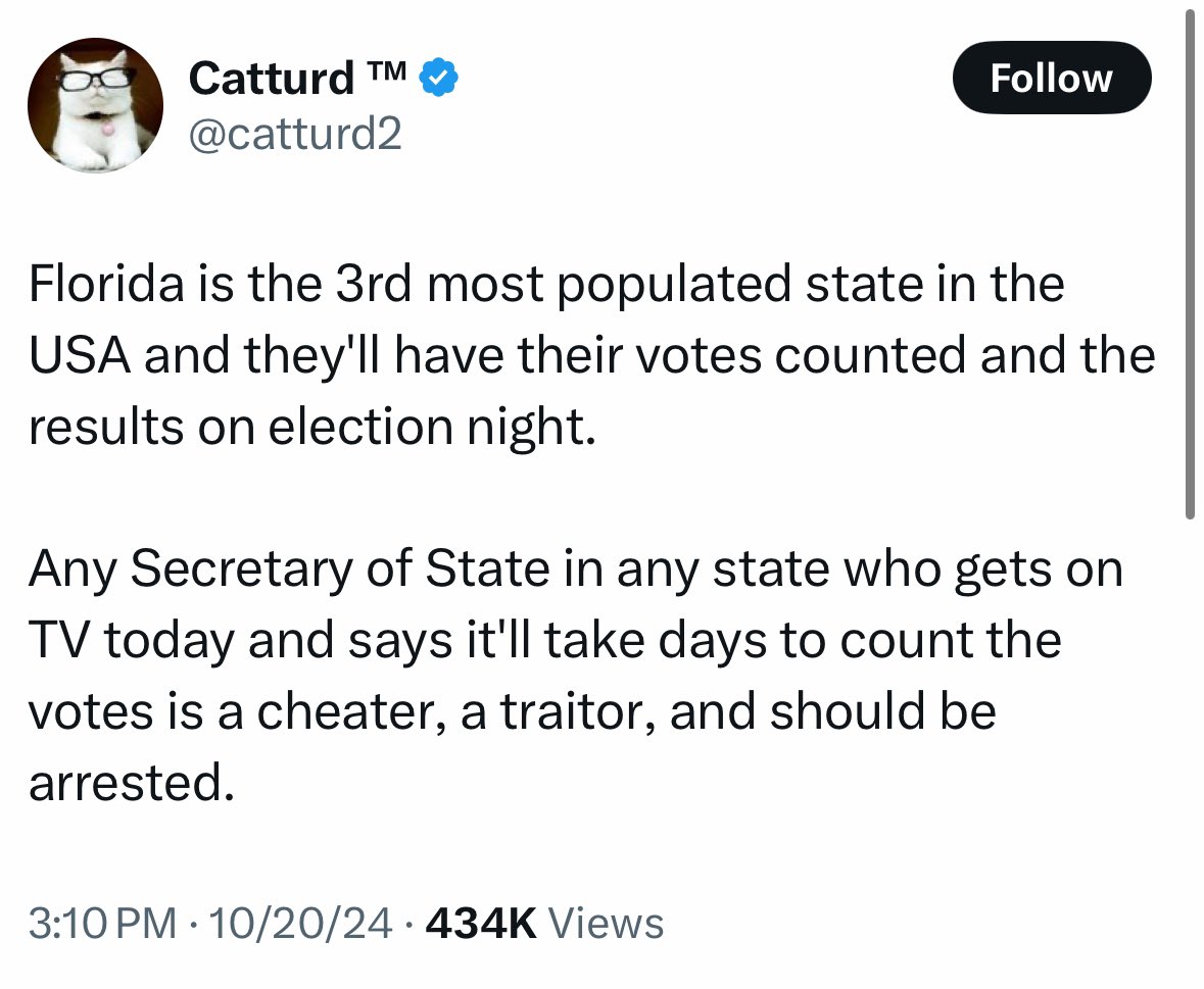 Florida is able to count all its votes by Election Night because state law allows it to count mail-in votes as they arrive. Because of Republicans, state law in PA, Michigan, and Wisconsin prohibits mail-in ballots from being counted before Election Day.