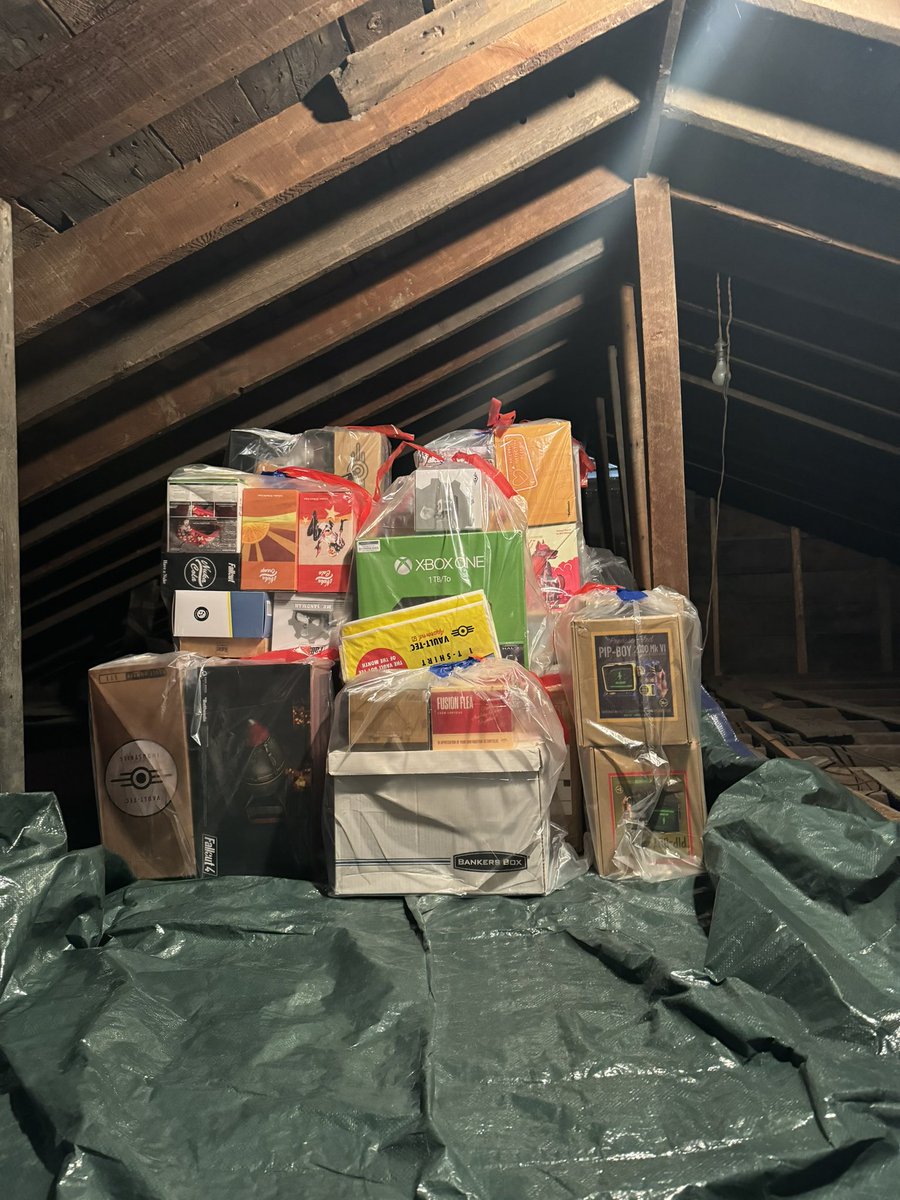 MisterFallout's tweet image. Officially completely out of closet space in the house, we are now storing @mrsfallout empty Fallout collection boxes in the attic. It looks insane when it’s all in one place 😂 #mrsfallout #misterandmrsfallout #fallout  #gamingcollection #mortgage payment #dinklife