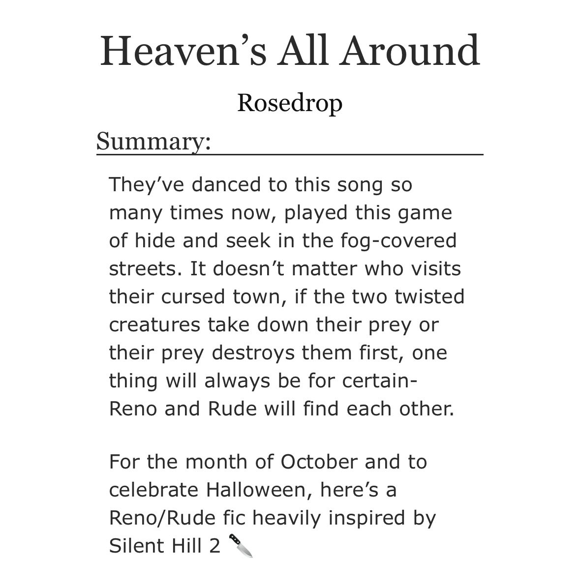 acerosedrop's tweet photo. In honor of spoooky October and the release of the SH2 Remake, it’s time for some Halloween Reno/Rude!!
In the foggy streets of Silent Hill, there walks and hunts two particular fiends who always seem drawn to one another………. (Fic link below)! #renorude #rdrn https://t.co/qGahu1KhvU