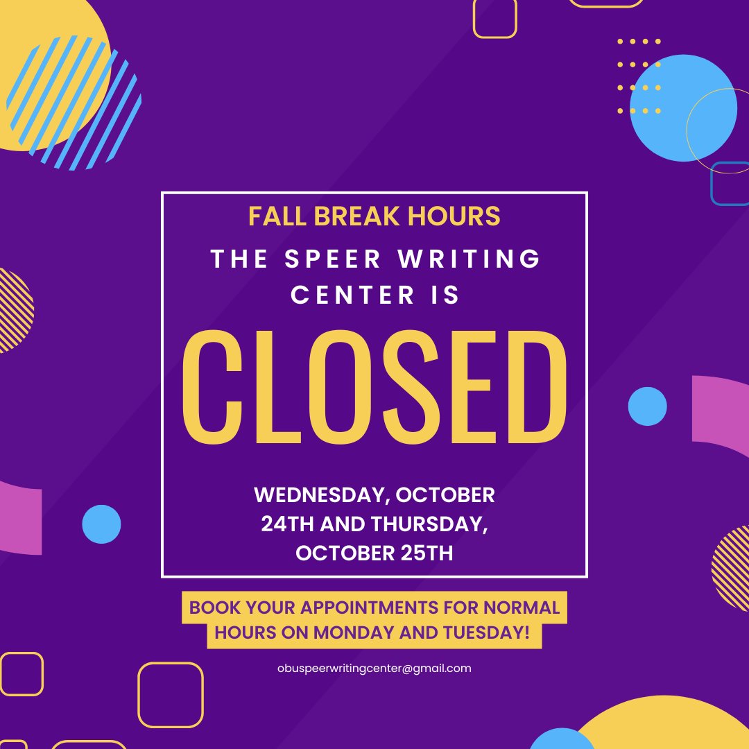 This week the SWC will be open on Monday and Tuesday during normal hours! We will be closed on Wednesday and Thursday for OBU's Fall Break. Be sure to book your appointments ASAP. If not, we'll see you next week!
