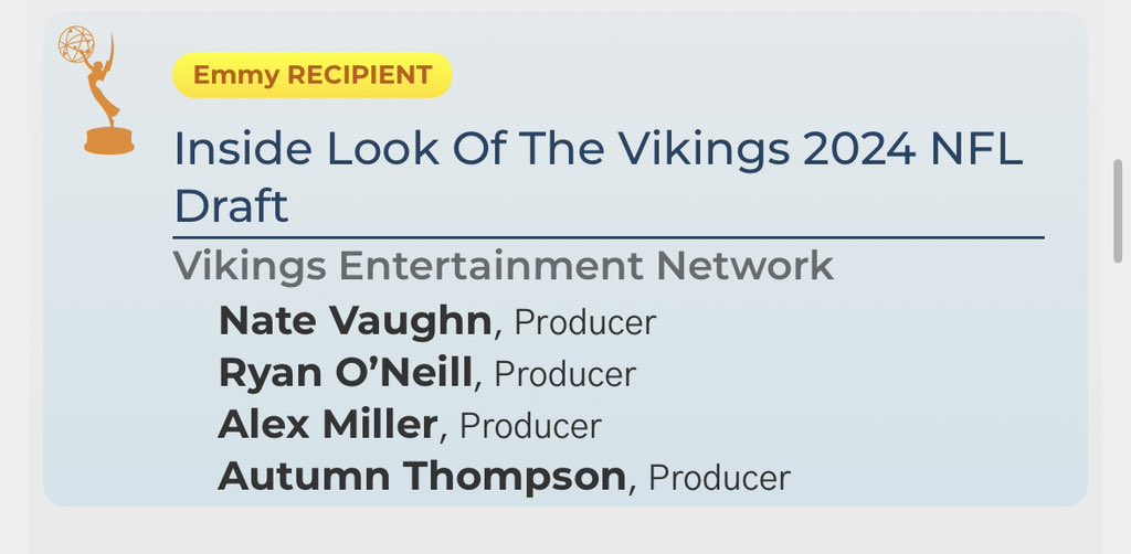 autumntthompson's tweet photo. I won my first ever Emmy(s)!!! 😭😭🏆

To the tribe of mentors, peers, friends, Vikings, Rams, etc… all who helped me along the way, thank you! ❤️ very special moment and will forever be grateful!! https://t.co/qkKyvMLxPX