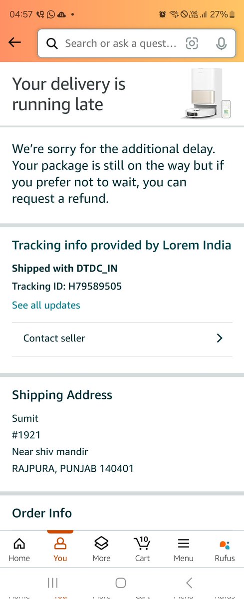 Sk588617Sumit's tweet photo. @amazonIN Doing fraud making people fool
I order drame L10S vaccum cleaner on 10 October with 12 October delivery date but not recived or not dispatched traking id given to me is wrong my payment is blocked and price is changed also https://t.co/AntdSYu65P