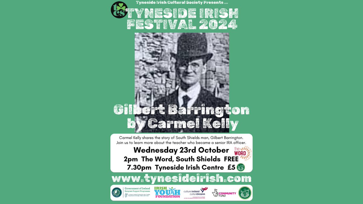 Carmel Kelly is back again to share the story of Gilbert Barrington as part of tge <a href="/TynesideIrishCS/">Tyne Irish Culture</a>'s Tyneside Irish Festival
Catch her talk on Wednesday 23rd Oct <a href="/TheWord_UK/">The Word</a> South shields at 2pm or in the Tyneside Irish Centre Newcastle at 7.30pm