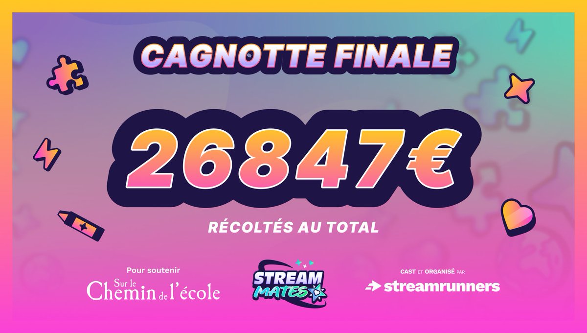 StreamMatesOff's tweet image. 26 847,72 € récoltés pour l’asso "Sur le Chemin de l’école" ! 💙#StreamMates

Un immense MERCI à tous les streamers et viewers ! Ce week-end sur Twitch a été incroyable : émotion, rires et surtout solidarité ! 🙏✨

🧵1/3