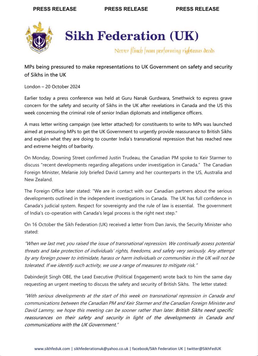 SikhFedUK's tweet photo. MPs being pressured to make representations to UK Government on safety and security of Sikhs in the UK

Earlier today a press conference was held at @GNGSmethwick to express grave concern for the safety and security of Sikhs in the UK after revelations in Canada and the US this week concerning the criminal role of senior Indian diplomats and intelligence officers.

A mass letter writing campaign (see letter attached) for constituents to write to MPs was launched aimed at pressuring MPs to get the UK Government to urgently provide reassurance to British Sikhs and explain what they are doing to counter India’s transnational repression that has reached new and extreme heights of barbarity.

Read @SikhFedUK press release below: