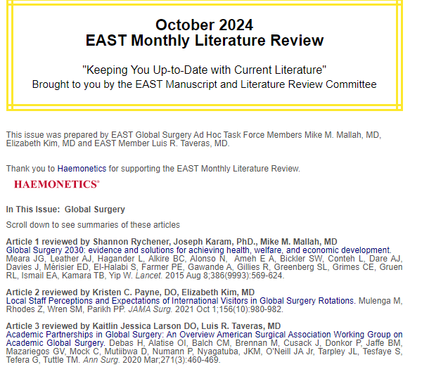 EAST_TRAUMA's tweet photo. This month’s EAST Monthly Literature Review on Global Surgery is brought to you by Mike M. Mallah, MD, Elizabeth Kim, MD and EAST Member Luis R. Taveras. Thank you to our sponsor @HaemoneticsCorp! Read the #EASTLitReview here and share your feedback: https://t.co/ccxPwGoFEh https://t.co/upS9jtfstq