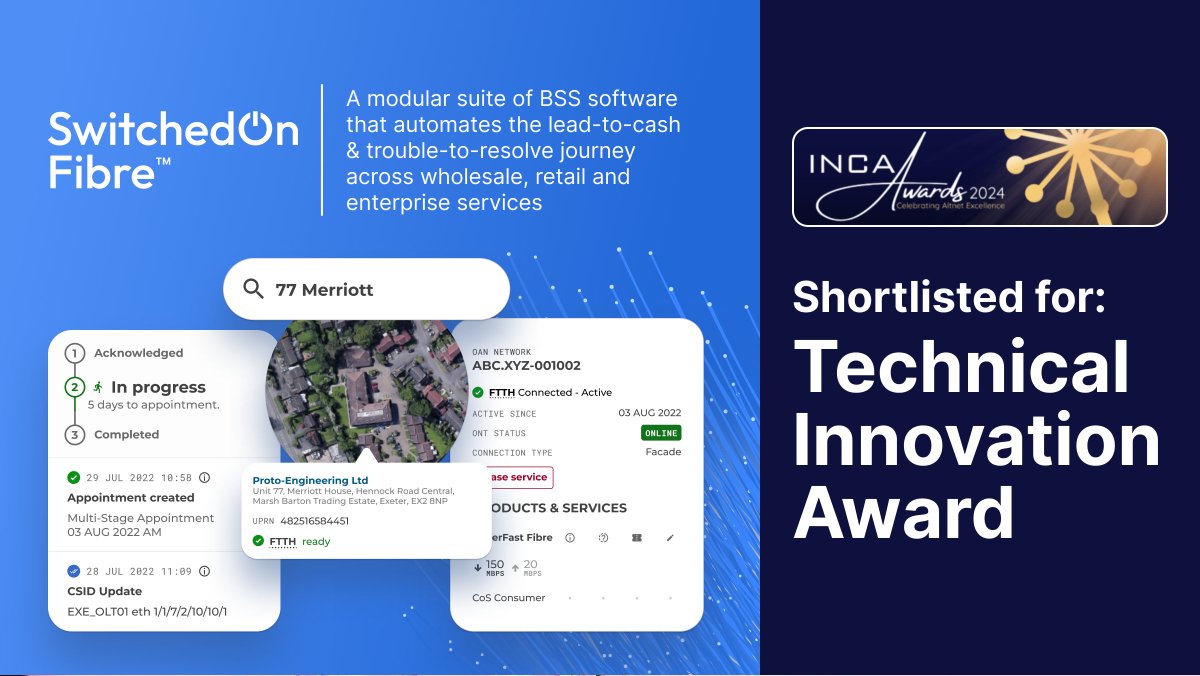 SonalakeHQ's tweet photo. We have been shortlisted as #finalists in the Technical Innovation category by the #INCAAward2024. We are happy to say that our work on SwitchedOn Fibre™, a modular suite of #BSS software, was nominated. 🎉
Congrats to all involved, and fingers crossed.

https://t.co/N7Z7o6xOnD https://t.co/VUrNeyPHkr