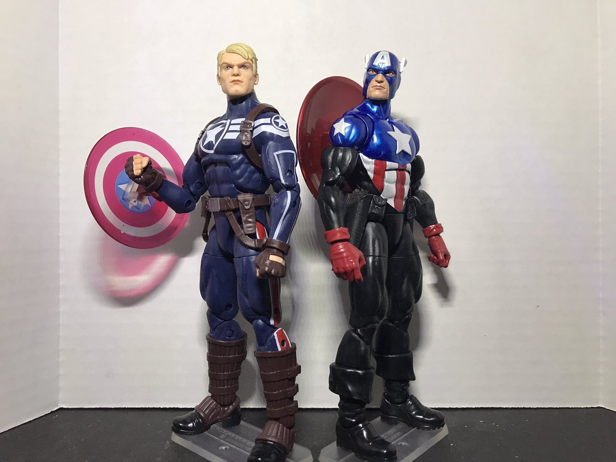 Gohan15243's tweet photo. #MarvelLegends Commander Rodgers and Captain America (Bucky Barnes). I wasn’t going to get these and then Ollie’s had them for 9.99$ each. Both are nice but Bucky takes the cake with accessories. I also busted out the Target exclusive Black Widow for some posing https://t.co/eafSRwazgm