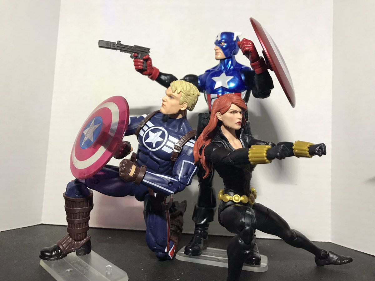 Gohan15243's tweet photo. #MarvelLegends Commander Rodgers and Captain America (Bucky Barnes). I wasn’t going to get these and then Ollie’s had them for 9.99$ each. Both are nice but Bucky takes the cake with accessories. I also busted out the Target exclusive Black Widow for some posing https://t.co/eafSRwazgm