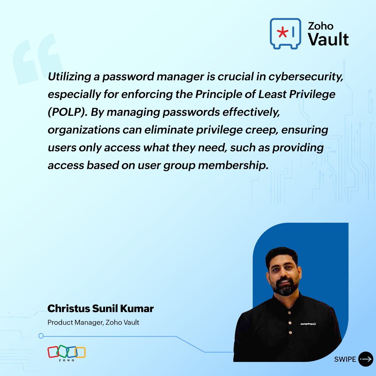 ZohoVault's tweet photo. 68% of security breaches are caused by human error—mostly from weak passwords! Join @CHRISTUS_CSK, Product Manager at @ZohoVault, as he shares how a #passwordmanager can safeguard your data from cyber threats. 🔐

#CybersecurityAwarenessMonth #StaySafeOnline #SecureOurWorld @Zoho https://t.co/Eocj5nmfPw