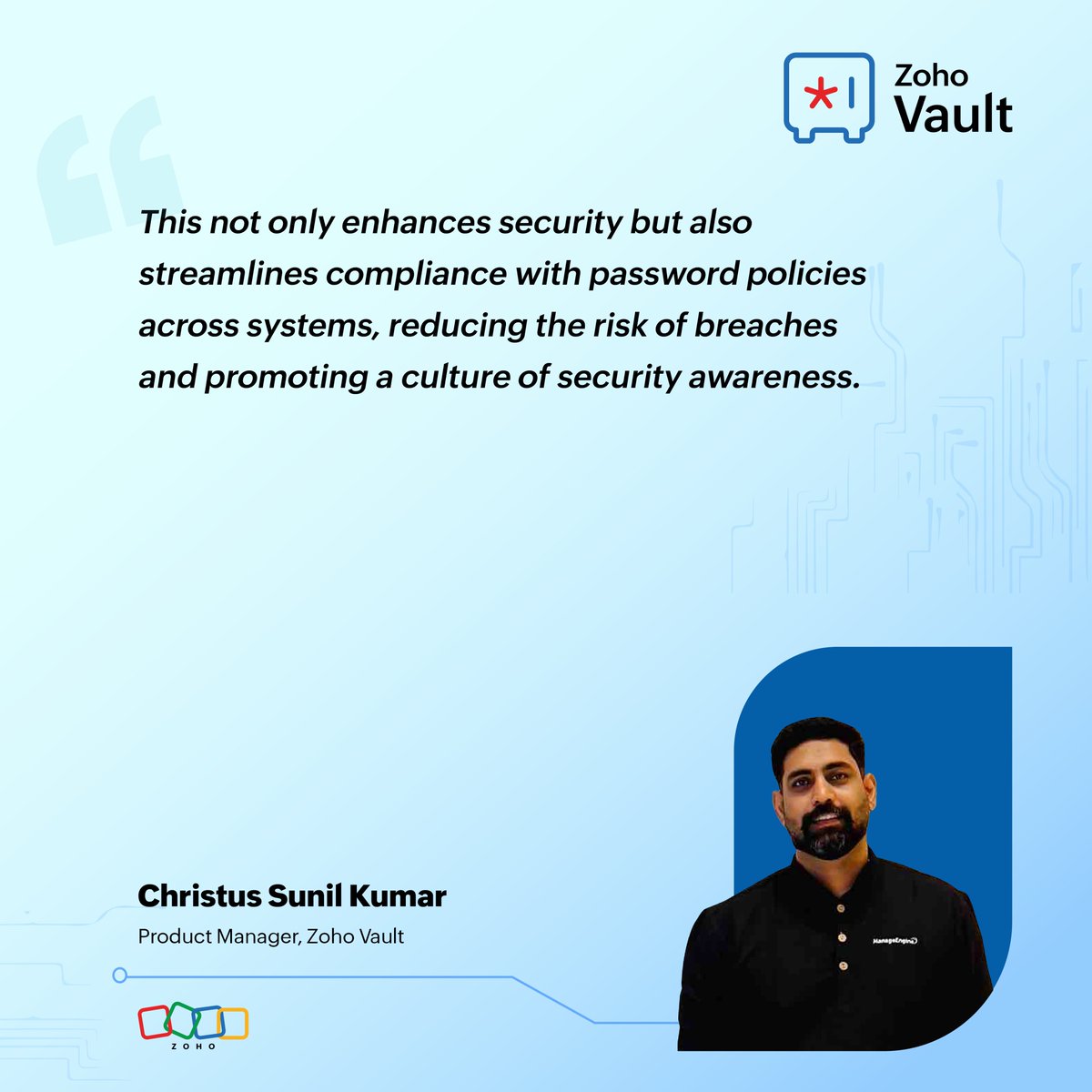 ZohoVault's tweet photo. 68% of security breaches are caused by human error—mostly from weak passwords! Join @CHRISTUS_CSK, Product Manager at @ZohoVault, as he shares how a #passwordmanager can safeguard your data from cyber threats. 🔐

#CybersecurityAwarenessMonth #StaySafeOnline #SecureOurWorld @Zoho https://t.co/Eocj5nmfPw