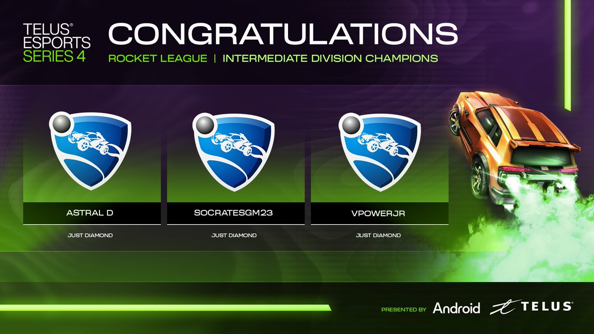 android_merc's tweet photo. Congratulations to JUST DIAMOND for winning the TELUS ESports Series 4 Intermediate Rocket League tournament this weekend! #tes4 #RocketLeague #TELUSesports https://t.co/kWRSG0X8m9