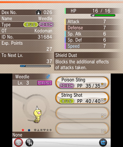 Kodoman's tweet photo. Found a #shiny Weedle in #Pokemon X the other day (10/17) AND got Pokerus, too. Onto the next phase for Scatterbug. https://t.co/sBCQIrAwxP
