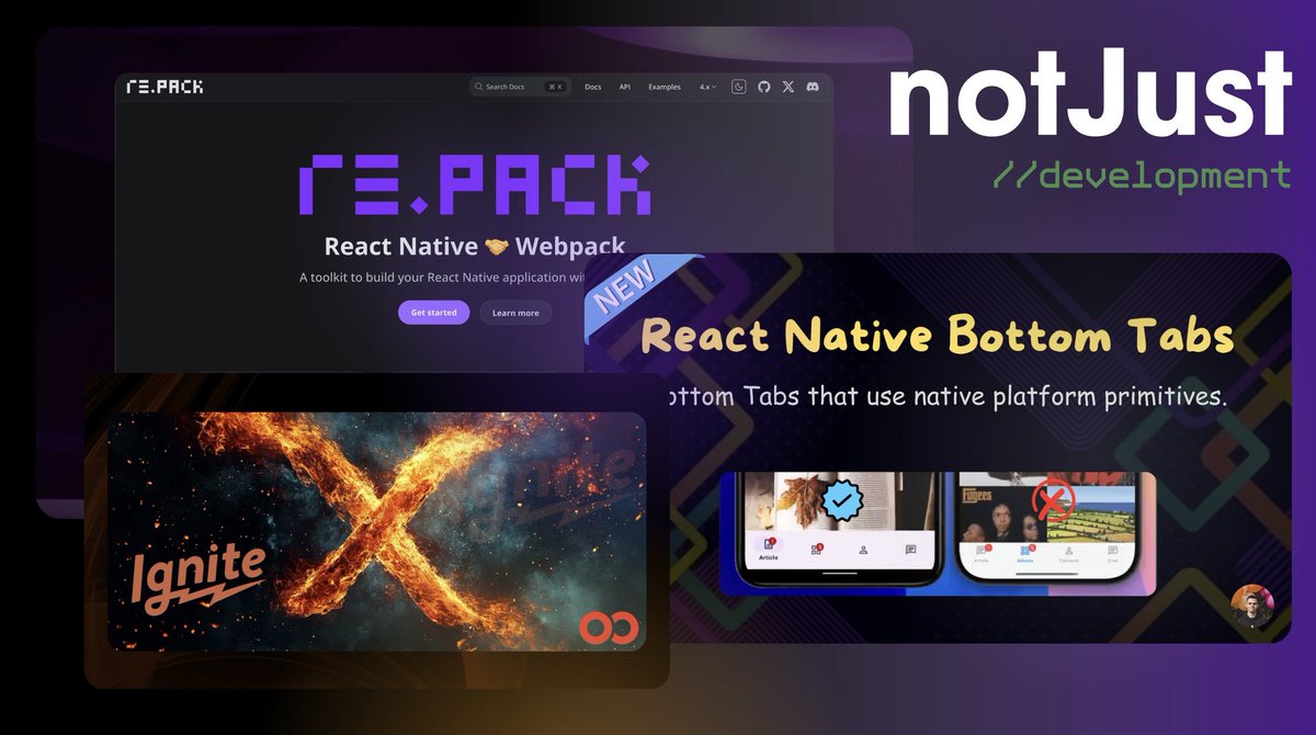 anis_RNCore's tweet image. Hello #React_Native News Lover 👇
⚛️ Top 3 News 👇

✅ Ignite X (V10) - released 
✅ New &quot;RN Bottom Tabs&quot; - released
✅ Re.Pack bundler now - 5X Faster

🔥 Details coming on - 24th Oct 👇

#NotJustDev Newsletter