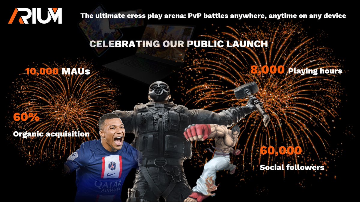 🚀 Arium’s first month: 10,000 Monthly Active Users, 8,000 playing hours, and 60% organic growth! 🌍 

Just getting started, with big plans ahead expanding our servers in the Middle East &amp; Asia and gearing up for Web3 integration with wagered PvP battles and earnings coming soon.